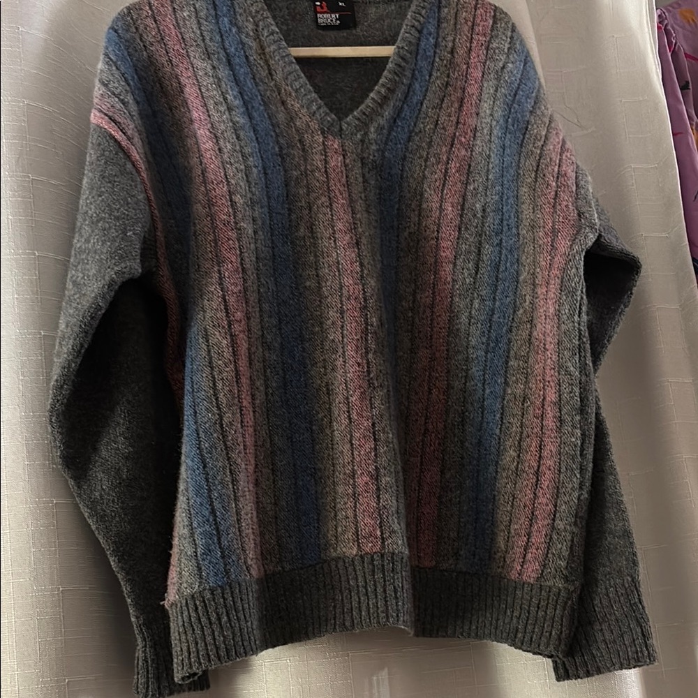 Vintage Robert‎ Bruce Wool Colorful Striped V-Neck Sweater wide ribs men’s XL